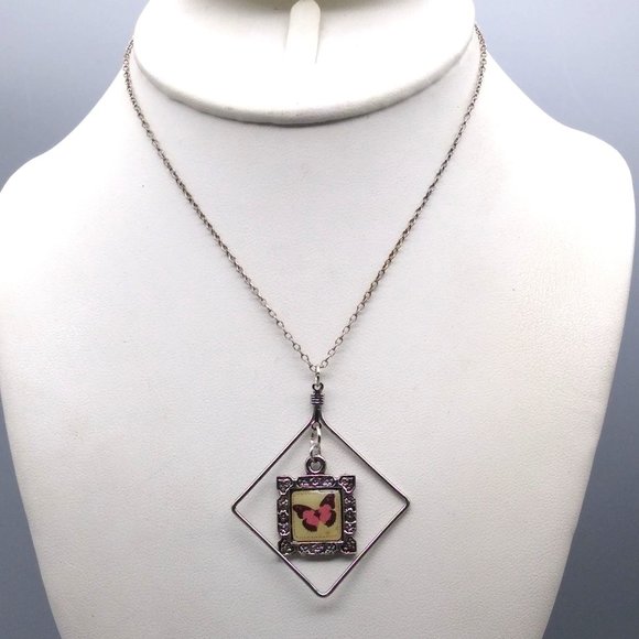 Vintage Square Pendant with Enamel Butterfly in Silver Tone Frame on Delicate - Picture 1 of 4